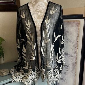 Alfani Black and Cream Leaf Embroidered Cape